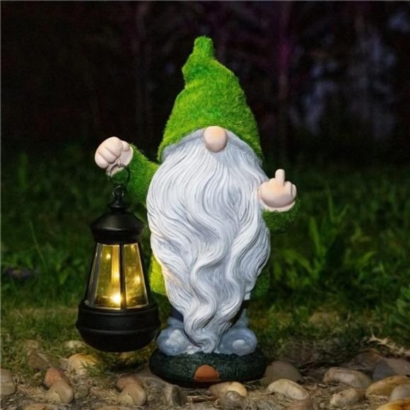 Flocked Garden Outdoor Gnome Statues Decor with Solar Lights